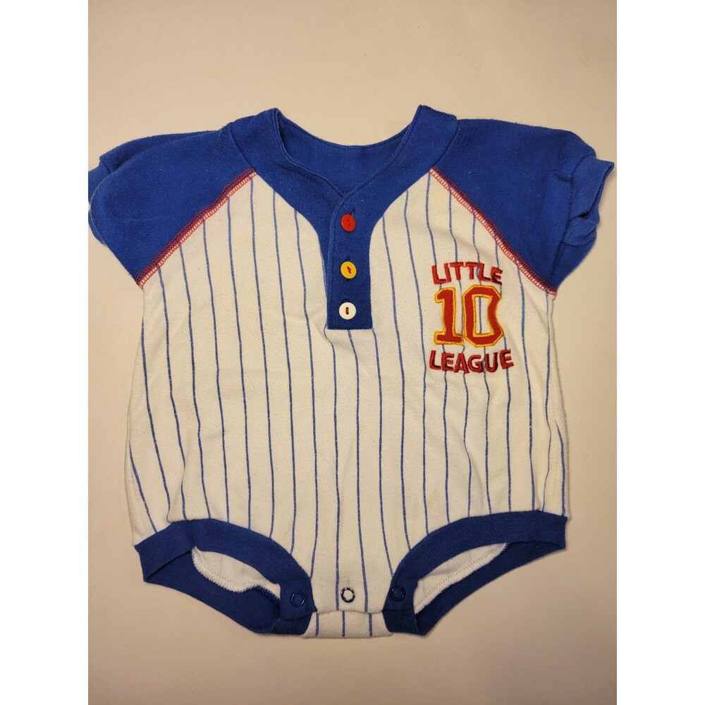 Miniwear White Blue Stripes Baseball Romper Baby 0-6mth Vtg Bodysuit One Piece